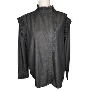 Anthropologie Grey Black Denim Button Down Shift Ruffled High Neck Turtle Work